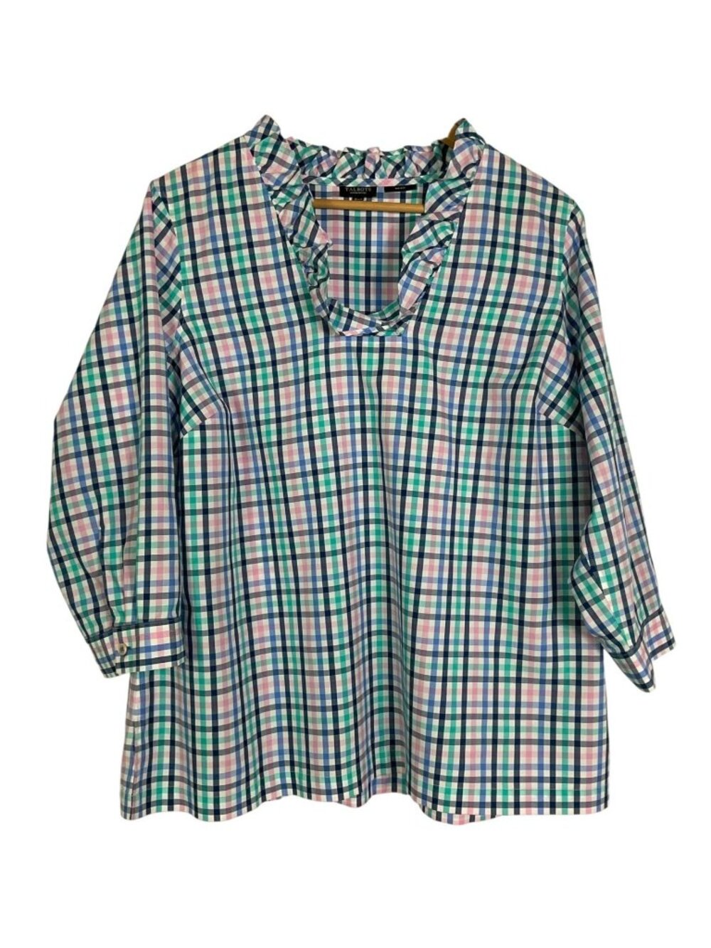 Talbots Woman Petites 16WP Non-Iron Plaid Cotton Ruffle Neck 3/4 Sleeve Pullover